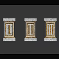 Three Ornamental Stone Columns With White Pedestals And Yellow Decorative Patterns
