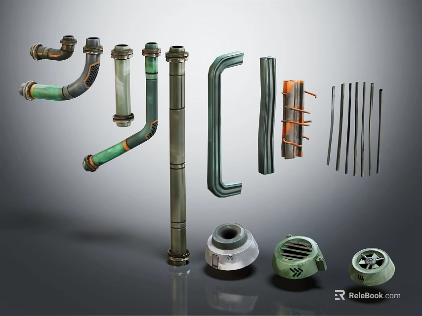 Diverse Industrial Pipe Components Featuring Curved Straight Pipes And Metal Fittings 3d model 