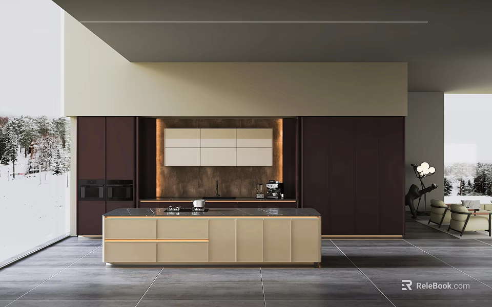 Modern Kitchen Interior With Beige Island Counter And Dark Brown Cabinets 3d model 