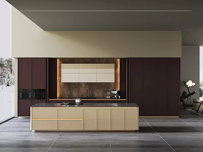 Modern Kitchen Interior With Beige Island Counter And Dark Brown Cabinets 3d model