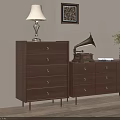 Wooden Entryway Cabinet And Side Cabinet With Table Lamp Gramophone Vase And Books