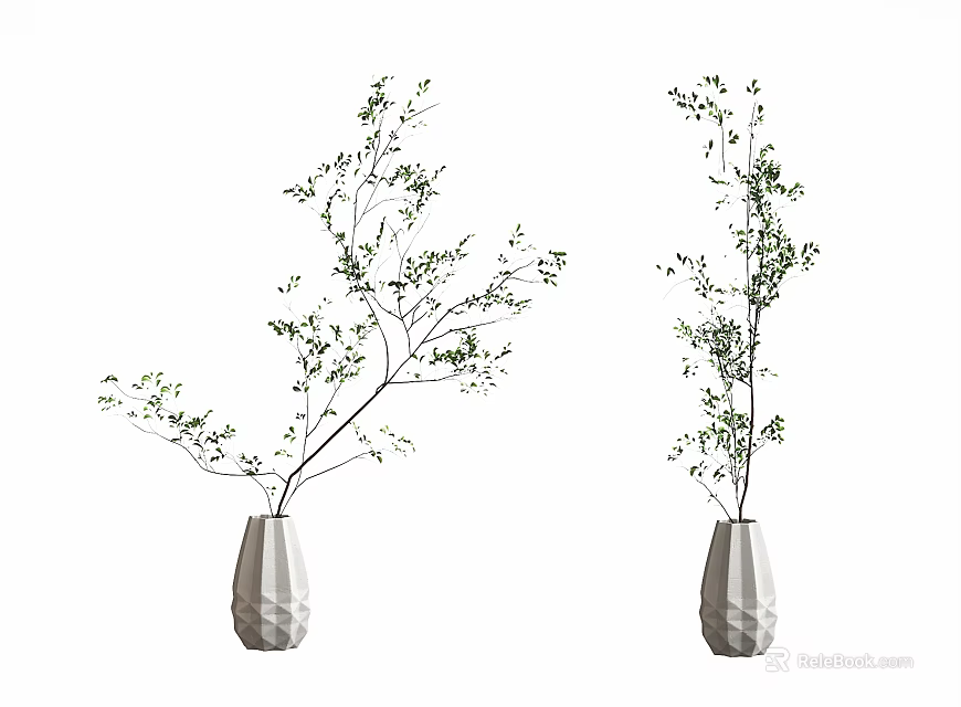 Gray Geometric Texture Vases With Green Foliage Branches For Home Decor 3d model