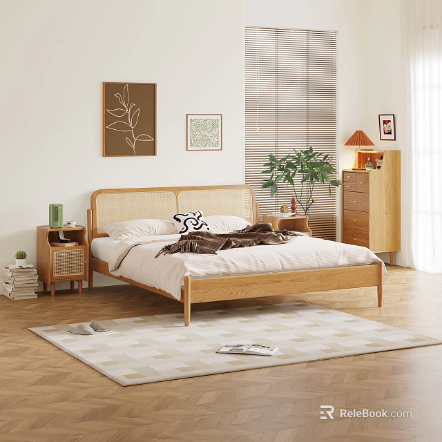 Minimalist Bedroom Interior With Wooden Bed Rattan Headboard Linen Bedding Potted Plant And Rug 3d model 