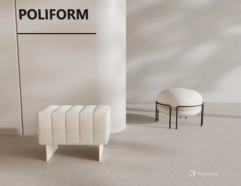 Poliform Modern Minimalist Seating With Striped Stool And Round White Upholstered Black Frame Chair 3d model 