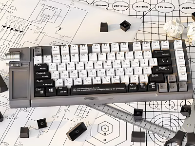 Mechanical Computer Keyboard With Keycaps And Ruler On Technical Design Sketches 3d model