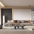 Modern Living Room Interior With Comfortable Sofa Coffee Table Area Rug And Wall Decor