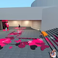 Modern Tobacco and Liquor Store Space with Staircase Pink Decorations and People Walking