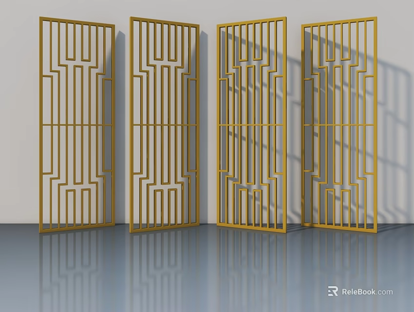 Golden Swing Doors With Geometric Patterns Four Panel Modern Interior Design 3d model