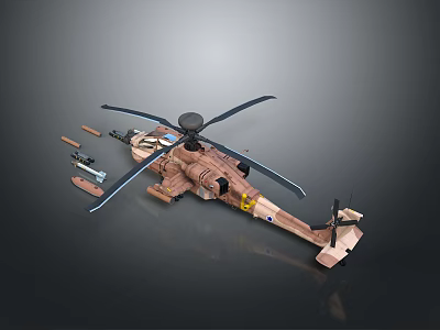 Camouflage Military Helicopter Model with Detachable Weapons and Detailed Parts 3d model