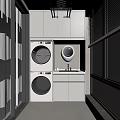 Modern Stacked Washing Machines In Balcony Laundry Area With Cabinets And Window