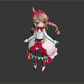 Cartoon Style 3D Character Model With Pink Braided Pigtails Red Headpiece And Colorful Outfit