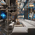 Modern KTV Lounge Interior With Blue Illuminated Signs White Sofa And Metallic Decor