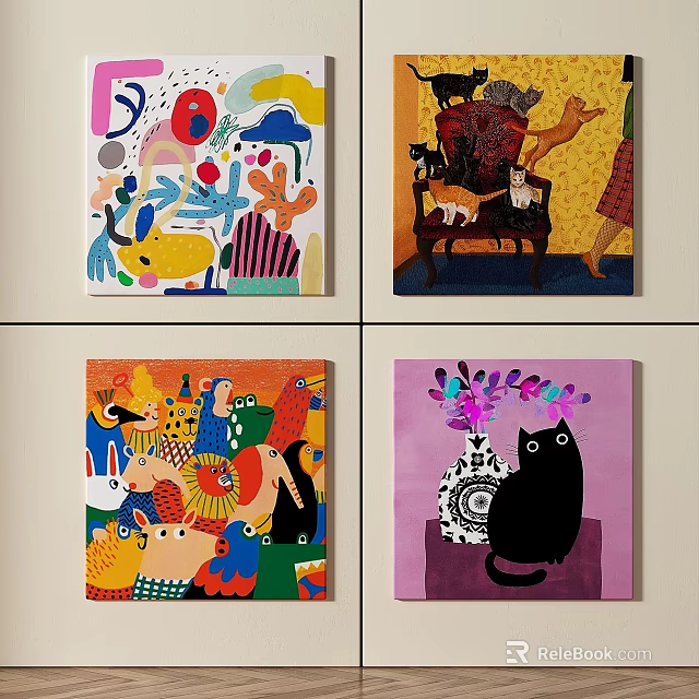 Colorful Abstract Paintings Featuring Animals Figures Vase And Vibrant Shapes 3d model 