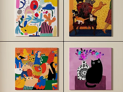Colorful Abstract Paintings Featuring Animals Figures Vase And Vibrant Shapes 3d model