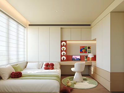 Tatami Bedroom Interior With Tatami Bed Desk Computer Window And Storage Cabinets 3d model