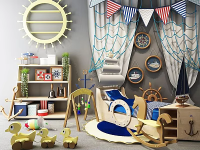 Nautical Kids Bed with Ship Wheel Decor Banners Toy Shelves and Wooden Rocking Chair 3d model