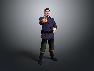 Man Wearing Dark Blue Coat Green Pants Belt Mustache Right Hand Extended Pointing Forward 3d model