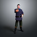 Man Wearing Dark Blue Coat Green Pants Belt Mustache Right Hand Extended Pointing Forward