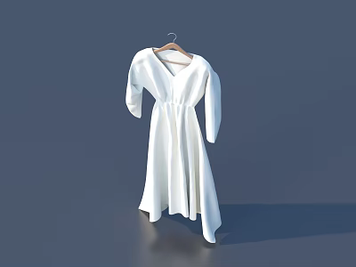 White V Neck Long Sleeve Dress Hanging On Wooden Hanger With Simple Gray Background 3d model
