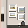 Four Framed Minimalist Landscape Paintings Hanging On Wall With Grass Sky