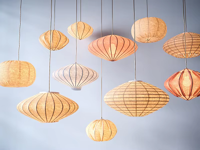Woven Pendant Lights in Beige Orange Tones with Various Shapes for Interior Decor 3d model