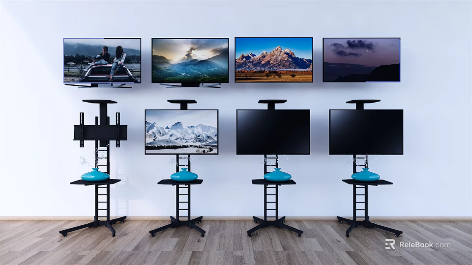 Multiple Televisions Displaying Scenic Landscapes In Indoor Setting With Wall And Stand Mounts 3d model 