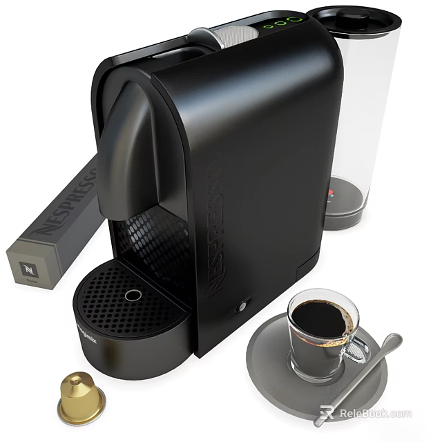 Modern Black Nespresso Coffee Machine With Capsules Coffee Cup On Saucer And Spoon 3d model 