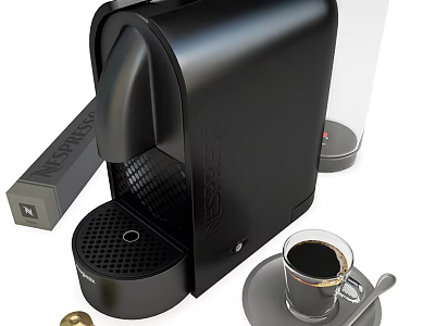 Modern Black Nespresso Coffee Machine With Capsules Coffee Cup On Saucer And Spoon 3d model