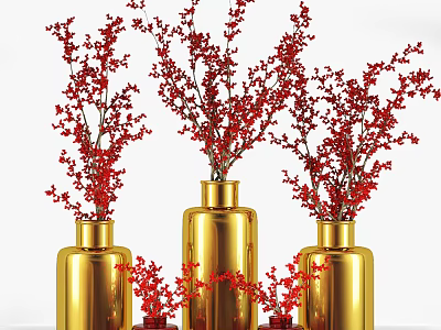 Elegant Golden Vases With Red Blossoms Decorative Arrangement In White Background 3d model
