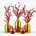 Elegant Golden Vases With Red Blossoms Decorative Arrangement In White Background