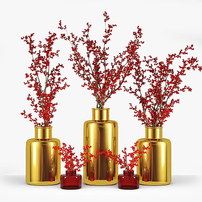 Elegant Golden Vases With Red Blossoms Decorative Arrangement In White Background 3d model