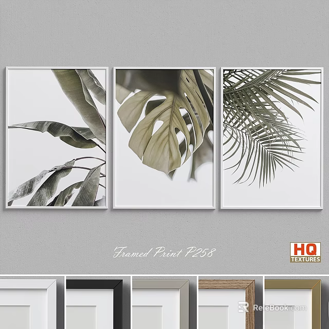 Modern Framed Plant Leaf Wall Art Prints For Gray Home Interior 3d model 