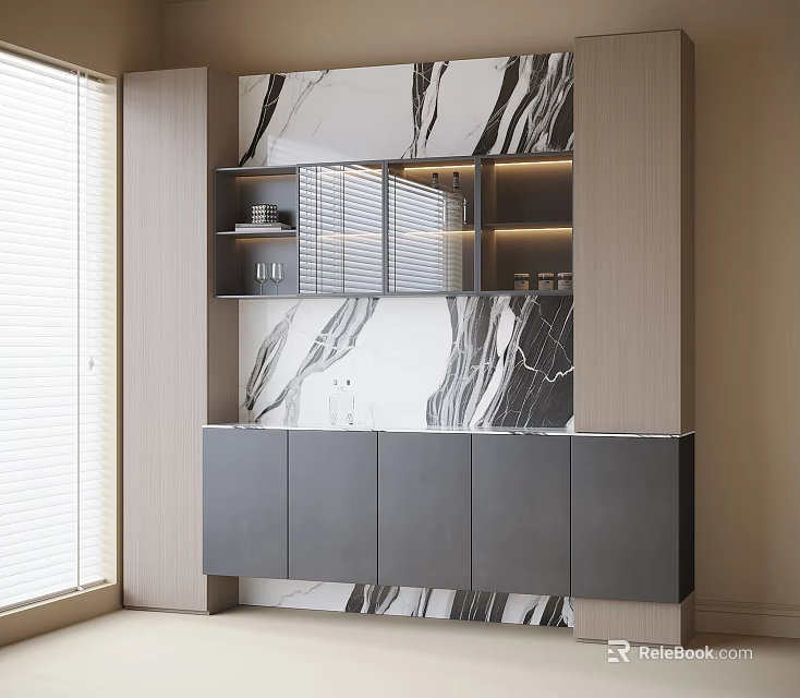 Modern Sideboard Design With Marble Top Storage Cabinets And Open Shelves 3d model