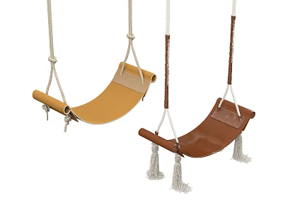 Stylish Yellow and Brown Hanging Chairs with Ropes and Decorative Tassels 3d model