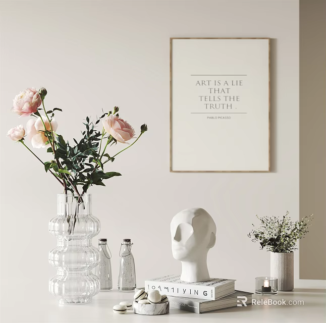 Decorative Ornament Set With Pink Flowers Clear Vase White Sculpture And Minimalist Wall Art Print 3d model 