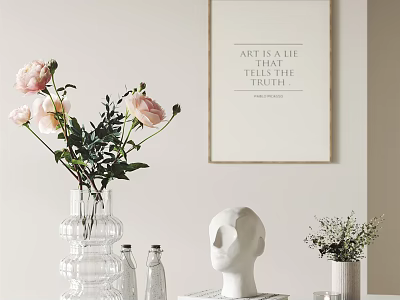 Decorative Ornament Set With Pink Flowers Clear Vase White Sculpture And Minimalist Wall Art Print 3d model
