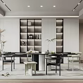 Modern Restaurant Interior With Round Dining Table Chairs Bookshelves And Plants