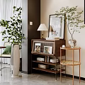 Modern Entryway Side Cabinet with Green Plants Table Lamp Decorative Painting Magazines and Decorative Items