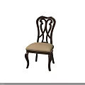 Classic Dark Wooden Dining Chair With Carved Backrest And Light Fabric Seat Cushion