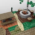 Building Blocks Constructed Scene With Trees Small Cabin Road Arrow Grass And Bushes