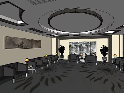 Hotel Public Lounge Area With Comfortable Seating Coffee Tables Decorative Paintings Plants And Patterned Carpet 3d model