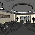 Hotel Public Lounge Area With Comfortable Seating Coffee Tables Decorative Paintings Plants And Patterned Carpet