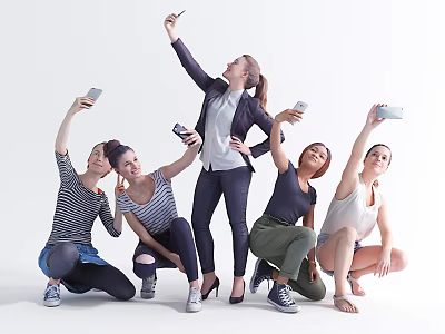 Group of Women Taking Selfies and Photos With Smartphones in Various Poses 3d model