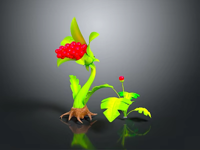 3D Plant Model With Green Leaves Red Berries Claw-like Roots And Small Red Berry Plant Reflection 3d model
