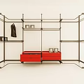 Modern Open Wardrobe With Metal Frame Red Drawers And Hanging Clothes