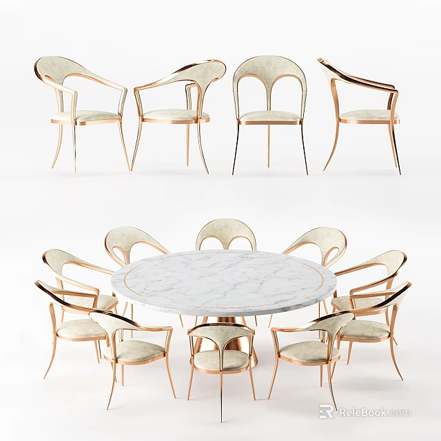 Elegant Modern Round Marble Dining Table Set with Metal Frame Upholstered Chairs 3d model