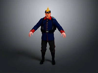 Blue Military Uniformed Figure With Golden Decorated Hat Red Cuffs Backpack Against Gray Background 3d model