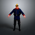 Blue Military Uniformed Figure With Golden Decorated Hat Red Cuffs Backpack Against Gray Background