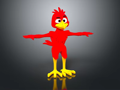 Red Cartoon Bird With Spread Arms Yellow Beak And Feet Against Gray Background 3d model