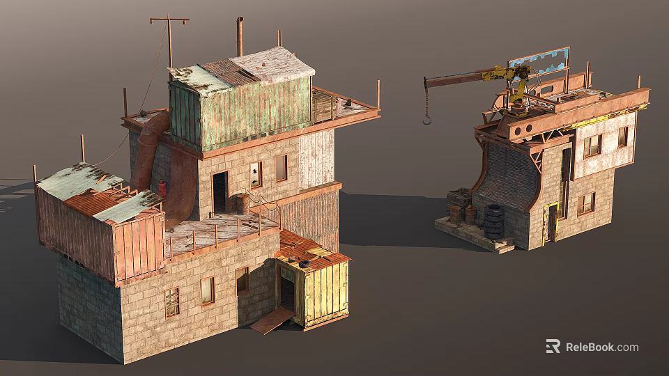 Rustic Building Components Featuring Brick Structures Wooden Planks Shipping Containers and Crane 3d model